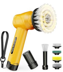 qimedo Battery Electric Spin Scrubber Q4, 800RPM Handheld Scrubber for Cleaning with Display, Power Dish Scrubber with 5 Heads, Shower Cordless Cleaning Brush for Bathroom/Sink/Window