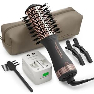 Dual Voltage Blow Dryer Brush Travel Hair Dryer Brush in One,2 inch Oval Shape Hot Air Brush,Travel Hair Tools/Volumizer/Straightener/Curler,European Blow Dry Brush with Universal Adapter