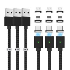 Magnetic Charging Cable 3A Fast Charging(3 Pack,3.3/6.6/6.6ft) 3 in 1 Magnetic Phone Charger with LED Light, Nylon Braided, for USB-C/Micro-USB Device - Black