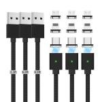 Magnetic Charging Cable 3A Fast Charging(3 Pack,3.3/6.6/6.6ft) 3 in 1 Magnetic Phone Charger with LED Light, Nylon Braided, for USB-C/Micro-USB Device - Black