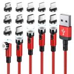 SUNTAIHO 540° Rotation Magnetic Charging Cable,Magnetic Phone Charger with LED [5Pack, 1.6ft/3.3ft/6.6ft/10ft/10ft] 3 in 1 Magnet Charger for Micro USB/Type C etc Nylon Braided USB Cable Red
