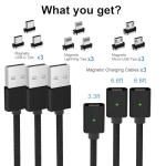 Magnetic Charging Cable 3A Fast Charging(3 Pack,3.3/6.6/6.6ft) 3 in 1 Magnetic Phone Charger with LED Light, Nylon Braided, for USB-C/Micro-USB Device - Black