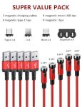 SUNTAIHO 540° Rotation Magnetic Charging Cable,Magnetic Phone Charger with LED [5Pack, 1.6ft/3.3ft/6.6ft/10ft/10ft] 3 in 1 Magnet Charger for Micro USB/Type C etc Nylon Braided USB Cable Red