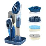 Soap Dispensing Scrub Brush - 4-in-1 Kitchen Cleaning Brush with Built-in Tank, Scraper Heads for Stubborn Grime on Pots Pans, Stand/Hang Storage-Blue
