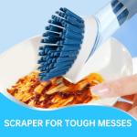 Soap Dispensing Scrub Brush - 4-in-1 Kitchen Cleaning Brush with Built-in Tank, Scraper Heads for Stubborn Grime on Pots Pans, Stand/Hang Storage-Blue
