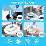 Soap Dispensing Scrub Brush - 4-in-1 Kitchen Cleaning Brush with Built-in Tank, Scraper Heads for Stubborn Grime on Pots Pans, Stand/Hang Storage-Blue