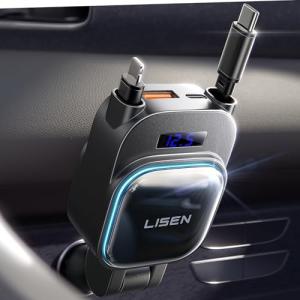 LISEN for iPhone 17 Pro Max Retractable Car Charger[USB C Cable & L Cable], 96W 4 in 1 Fast Charging Retractable Car Charger Cigarette Adapter for iPhone 16 15 14 13 12,Samsung Galaxy S25 S24, Android
