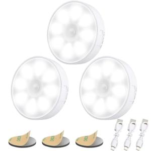 Electight Upgraded Motion Sensor Light, 8 LEDs, 3 Pack Rechargeable, 120 Detection, 3 Modes - Closet, Bedroom, Stair, Hallway Light - 6000K Cold White