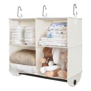 StorageWorks Hanging Closet Organizer with Metal Rod, 4-Section Closet Organizers and Storage, Collapsible Hanging Shelves for Baby Clothes, Shoes, Sweater Storage, Ivory and White