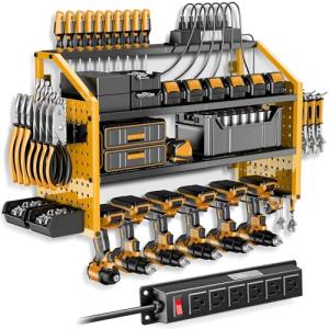 LBT Power Tool Organizer With Charging Station,Patented,Heavy Duty Steel,6 Drilling Rig Sizes With Hooks And Screw Boxes,6 sockets,Easy To Install Garage Storage Rack,Great Gift For Men, Yellow