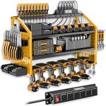 LBT Power Tool Organizer With Charging Station,Patented,Heavy Duty Steel,6 Drilling Rig Sizes With Hooks And Screw Boxes,6 sockets,Easy To Install Garage Storage Rack,Great Gift For Men, Yellow