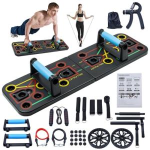 Push-up board, home gym, portable fitness equipment, Pilates bar, and 20 fitness accessories, including resistance bands and an ab wheel, for full-body workouts at home