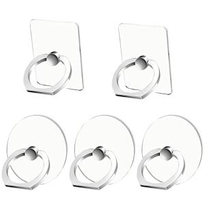 Kinizuxi Cell Phone Ring Holder Stand 5 Pack Silver, Transparent Phone Ring Holder Finger Kickstand 360° Rotation, Clear Phone Ring Grip Compatible with Various Mobile Phones and Tablet