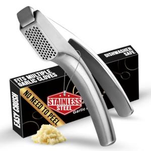 No Peeling Required Garlic Press Stainless Steel with Detachable Handle for Fine Mincing-Premium Garlic Mincer Tool, Rust-Proof, Easy to Clean, Dishwasher Safe Garlic Crusher with Lifetime Replacement