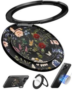 Toycamp Phone Grip Ring Holder Stand - Stick Thin Magnetic Metal Phone Accessories Grip with 360 Rotation Adjustable Aesthetic Design for Women Girls Cute for iPhone, Black Floral