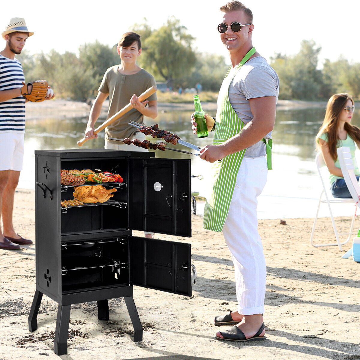 Vertical Charcoal BBQ Smoker with Temperature Gauge