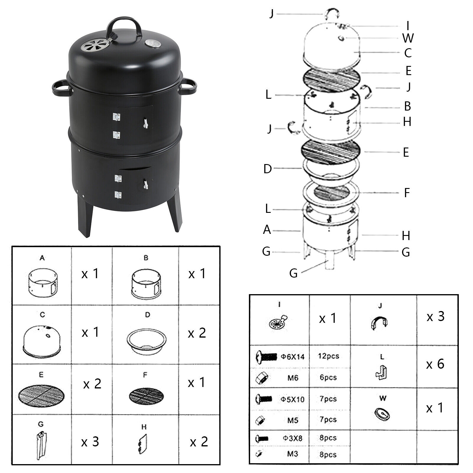 Large 3-in-1 Vertical BBQ Charcoal Smoker Cooker