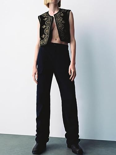 Plus-Size Y2K Floral Embroidered Open Vest