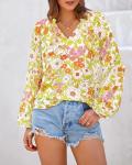 Boho Floral Blouse: V-Neck, Long Puff Sleeves