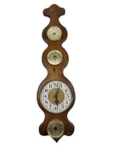 Vintage Wall Clock Weather Station Thermometer Barometer Hygrometer Brown France