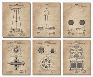 Nikola Tesla Gifts for Engineers - Steampunk Wall Decor 6 (8"x10") Unframed Wall Art Patent Prints - Industrial Artwork Home Decor - Electrical, Coil, Nerd, Geek, Science, Physics Decorations