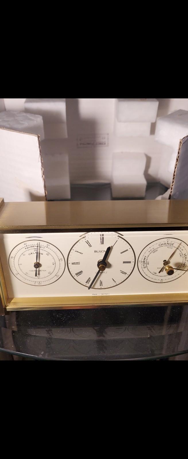 Bulova Brass Desk Clock with Thermometer and Barometer