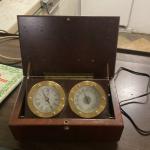 Wood and Brass Desk Clock with Thermometer and Barometer