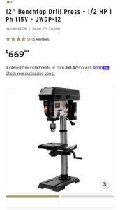 Jet JWDP-12 Benchtop Drill Press for Precision Work