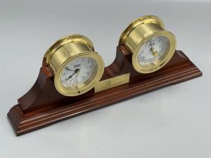 Brass Barometer and Clock Duo on Wooden Base