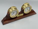 Brass Barometer and Clock Duo on Wood Base