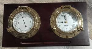 Brass and Wood Clock and Barometer Desk Set