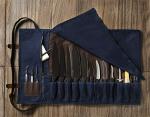 Blue Waxed Canvas Chef Knife Roll with 15 Slots