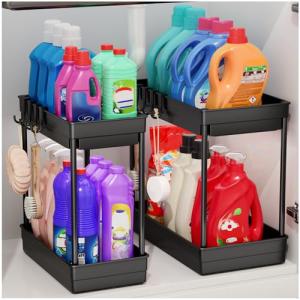 2 Pack Under Sink Shelf Organizer with Hooks