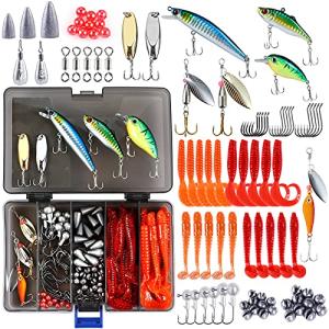 PLUSINNO Fishing Lures,108Pcs Tackle Box with Tackle Included, Crankbaits, Hooks, Weights, Fishing Accessories kit, Fishing Bait Lure Gear Kit Gift for Men Bass, Trout