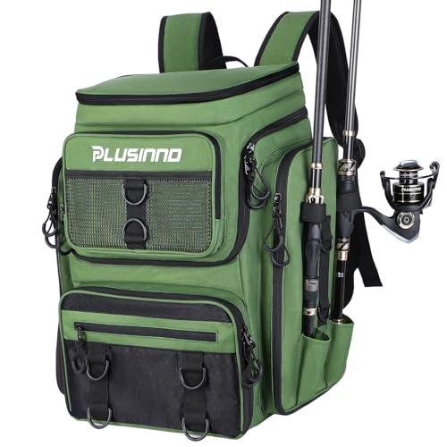 PLUSINNO Large Water-Resistant Fishing Backpack with Rod Holders