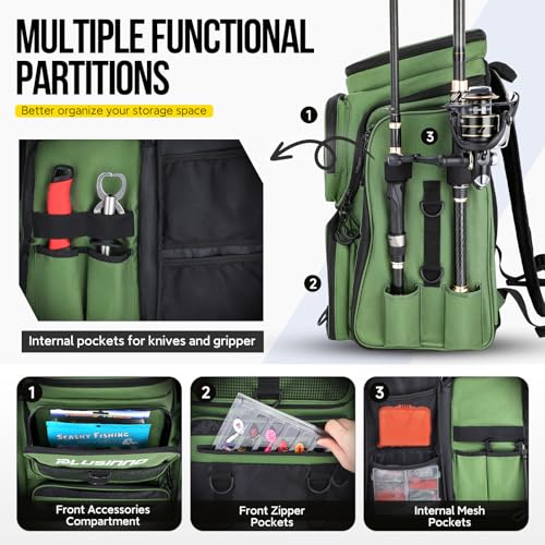 PLUSINNO Large Water-Resistant Fishing Backpack with Rod Holders