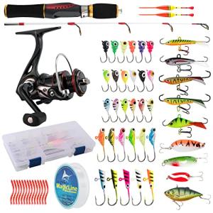 Dr.Fish Ice Fishing Rod and Reel Combo, Ice Fishing Pole Gear Spinning Reel Equipment Set Backpack Chair Jigs Lures Accessories