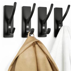 pickpiff Self Adhesive Coat Hooks for Hanging: Heavy Duty Stainless Wall Hook for Towel, Backpack, Hat, Sturdy Metal Hanger for Bathroom, Bedroom, Door, 4-Pack, Matt Black