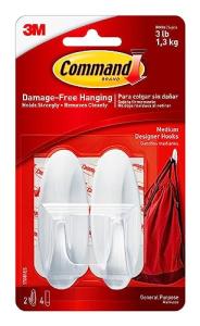 Command Medium Designer Hooks, 2 Hooks and 4 Strips, Damage-Free Hanging Wall Hook with Adhesive Strips, No Tools Great for Hanging, Organization and Storage, Holds up to 3 lb