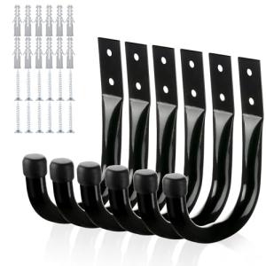 KURUI Metal Wall Hooks for Hanging Heavy Duty, 6Pcs Garage Organization and Storage Hook for Extension Cord Tool Coat Backpack Bag, Large Utility J Hooks, Black Wall Mount Hanges for Outdoor Indoor