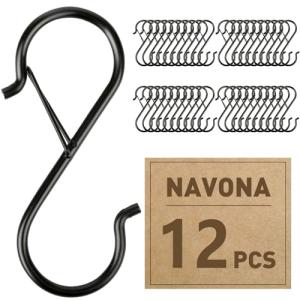 12 Pcs S Hooks for Hanging Heavy Duty, 3.5-inch Heavy Duty Metal S Hook with Safety Buckle, Suitable for 0.5 inch Rods, S Hook for Hanging Plants, Closet, Kitchen Utensil, Pot, Pan, Bags