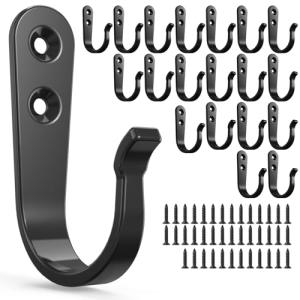 BREYDROK 20-Pack Towel Hooks for Bathroom, Heavy Duty Black Metal Wall Hooks for Robe, Coat, Kitchen, Closet, Garage Organizer