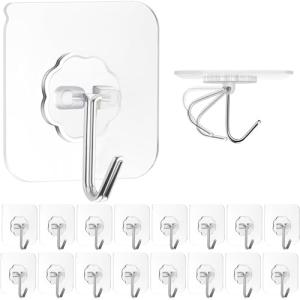 ZESLMG Adhesive Wall Hooks for Hanging, 16 Pack Self Sticky Hooks Heavy Duty 22lb Clear, Removable Shower Hook No Damage for Towel Key Coat Wreath Picture Outdoor Ceiling Bathroom Kitchen, Waterproof
