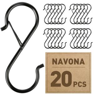 Navona 20 Pcs S Hooks for Hanging Heavy Duty, 3.5-inch Heavy Duty Metal S Hook with Safety Buckle, Suitable for 0.5 inch Rods, S Hook for Hanging Plants, Closet, Kitchen Utensil, Pot, Pan, Bags