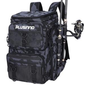 PLUSINNO Fishing Backpack with Rod Holders, 42L Large Water-Resistant Tackle Bag for Fishing, Camping, Hiking, Gifts, Black Camouflage., 36 cm x 25 cm x 45 cm, Daypack