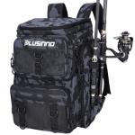 PLUSINNO Fishing Backpack with Rod Holders, 42L Large Water-Resistant Tackle Bag for Fishing, Camping, Hiking, Gifts, Black Camouflage., 36 cm x 25 cm x 45 cm, Daypack