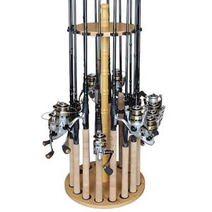 Rush Creek Creations Round 16 Fishing Rod Storage Rack - Features Traditional Handcrafted Wood Post - No Tool Assembly, Wood Grain Laminate