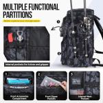 PLUSINNO Fishing Backpack with Rod Holders, 42L Large Water-Resistant Tackle Bag for Fishing, Camping, Hiking, Gifts, Black Camouflage., 36 cm x 25 cm x 45 cm, Daypack