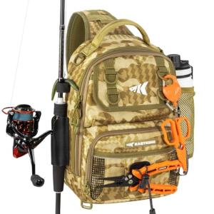 KastKing BaitSpace Standard Fishing Tackle Sling Bag, Water-resistant Sling Pack for Bank, Wader & Boat Fishing, Rod & Beverage Holder, Adjustable Straps, Durable 420D Nylon Fabric