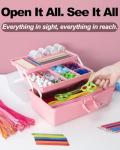 TERGOO 12in 3-Layer Plastic Craft Organizers and Storage, Portable Folding Tackle Box with Handle & Adjustable Dividers, Multipurpose Case for Sewing, Art Supplies, Medicine, Tools (Pink)